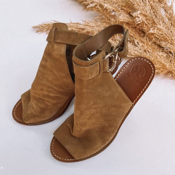 Tory Burch Suede Gemini Link Slingback Open Toe Boot Sandals - Picture 2 of 7